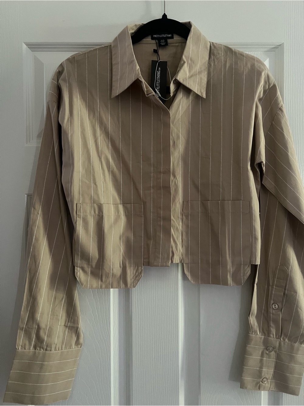 PrettyLittleThing Beige Pinstripe Cropped
Blouse